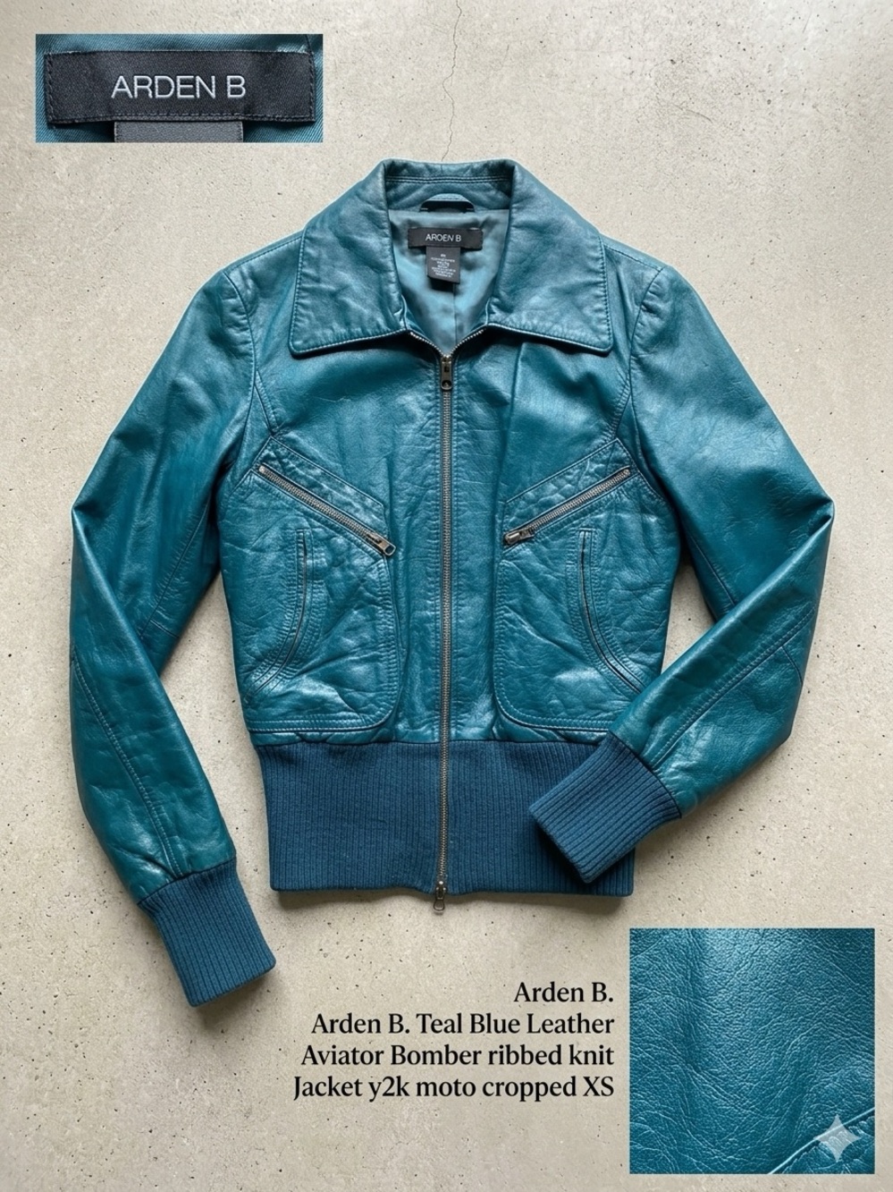 Arden B Teal Blue Leather Aviator Bomber 90’s Y2K Cropped XS EUC